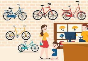 bicicletta negozio con gli acquirenti persone la scelta cicli, Accessori o Ingranaggio attrezzatura per equitazione nel modello mano disegnato cartone animato piatto illustrazione vettore