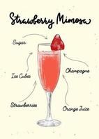 vettore inciso stile fragola mimosa cocktail illustrazione per manifesti, decorazione, logo e Stampa. mano disegnato schizzo con lettering e ricetta, bevanda ingredienti. dettagliato colorato disegno.