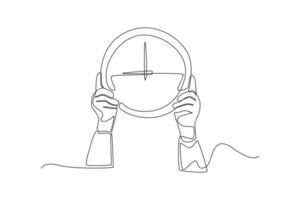 continuo uno linea disegno mani Tenere un' orologio. Timer concetto. singolo linea disegnare design vettore grafico illustrazione.