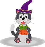 un' carino gatto nel un' di strega cappello detiene un' festivo zucca nel il suo mani. Halloween. vettore piatto illustrazione.