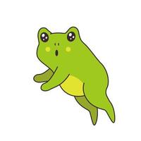 cartone animato carino verde bambino rospo salti vettore illustrazione per etichetta, distintivo o tessile