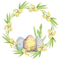 Pasqua ghirlanda con giallo fiori iridi e uova, acquerello illustrazione. floreale cerchio confine. mano disegno per stampa su tessuto, decorazione, sfondo, involucro carta vettore