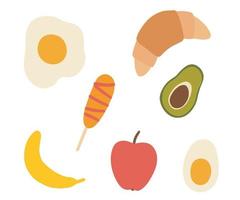 impostato di prima colazione cibo e verdure nel mano disegnato stile. piatto illustrazioni isolato su bianca. scarabocchi mela, brioche, salsiccia, strapazzate uova, avocado. vettore