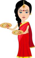 indiano donna con Pizza , illustrazione, vettore su bianca sfondo.