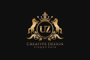 iniziale uz retrò d'oro cresta con cerchio e Due cavalli, distintivo modello con pergamene e reale corona - Perfetto per lussuoso il branding progetti vettore