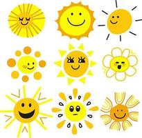 sole emoticon. divertente estate sole, luce del sole, bambino, contento mattina emoji. figli di illustrazione. cartone animato soleggiato sorridente facce vettore icone