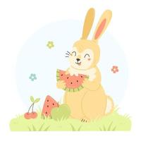 carino coniglio con frutta mangia anguria. un' coniglietto personaggio nel un' cartone animato piatto stile. vettore estate figli di illustrazione.