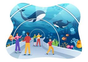 acquario modello mano disegnato cartone animato piatto illustrazione con famiglia e bambini guardare a subacqueo pesce, mare animali varietà, marino flora e fauna vettore