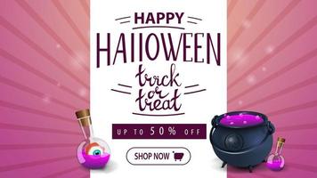 bandiera di sconto rosa di Halloween con la pentola e la pozione della strega vettore