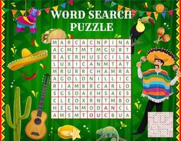 messicano sombrero, pinata, taco, parola ricerca puzzle vettore