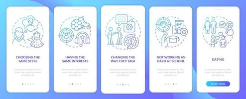 adolescente pari pressione blu pendenza onboarding mobile App schermo. stesso stile adottare Procedura dettagliata 5 passaggi grafico Istruzioni con lineare concetti. ui, ux, gui modello. vettore