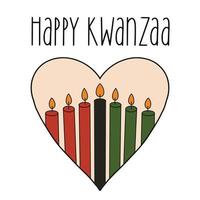 contento Kwanzaa carino saluto carta con Sette candele nel cuore forma. vettore verde, rosso, nero ardente candele. africano americano etnico eredità Festival vacanza celebrazione
