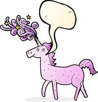 cartone animato magico unicorno con discorso bolla vettore
