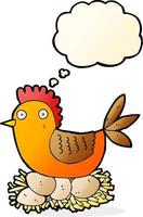 cartone animato gallina su uova con pensato bolla vettore
