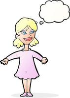 cartone animato donna con Aperto braccia con pensato bolla vettore