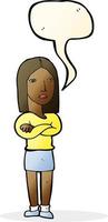 cartone animato donna con piegato braccia con discorso bolla vettore