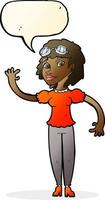 cartone animato pilota donna agitando con discorso bolla vettore