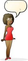 cartone animato sorpreso donna nel corto vestito con discorso bolla vettore