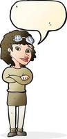 cartone animato donna con attraversato braccia e sicurezza occhiali con discorso bolla vettore