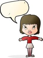 cartone animato donna con disteso braccia con discorso bolla vettore