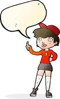 cartone animato pattinatore ragazza dando pollici su simbolo con discorso bolla vettore