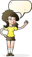 cartone animato bella donna agitando per Attenzione con discorso bolla vettore