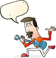cartone animato uomo giocando elettrico chitarra con discorso bolla vettore