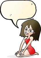 cartone animato contento donna nel vestito con discorso bolla vettore