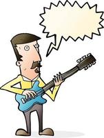 cartone animato uomo giocando elettrico chitarra con discorso bolla vettore
