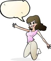cartone animato salto donna con discorso bolla vettore