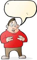 cartone animato eccitato sovrappeso uomo con discorso bolla vettore