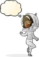 cartone animato donna indossare spazio casco con pensato bolla vettore