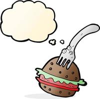 cartone animato forchetta e hamburger con pensato bolla vettore