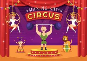 circo modello mano disegnato cartone animato piatto illustrazione con mostrare di ginnasta, mago, animale Leone, ospite, intrattenitore, pagliacci e divertimento parco vettore