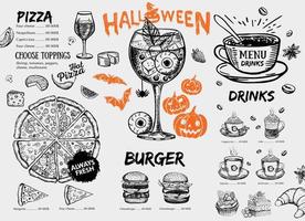 menu del ristorante del bar, design del modello, menu di halloween, volantino alimentare. vettore