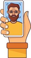 facciale riconoscimento.volto id.umano mano Tenere smartphone.uomo giovane con un' barba.piatta vettore linea art.isolato su bianca sfondo.