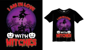 io am nel amore con streghe maglietta design modello. Halloween maglietta con notte, Luna, strega. notte sfondo maglietta per Stampa. vettore