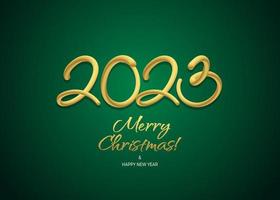 contento nuovo anno 3d 2023 saluto sfondo vettore modello. allegro Natale design saluto testo con Natale arredamento su un' verde sfondo con lusso oro.