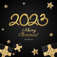 contento nuovo anno 2023 saluto vettore modelli. allegro Natale design saluto testo con colorato Natale arredamento elementi come come un' regalo, stelle su un' nero sfondo con lusso oro.