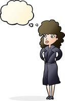 cartone animato donna nel trincea cappotto con pensato bolla vettore