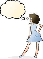 cartone animato donna in posa nel vestito con pensato bolla vettore