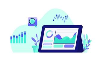 dati analisi grafico e grafico nel attività commerciale pannello di controllo piatto vettore illustrazione viola e verde design concetto