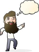 cartone animato uomo con barba ridendo e puntamento con pensato bolla vettore