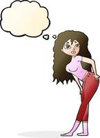 cartone animato attraente donna guardare sorpreso con pensato bolla vettore