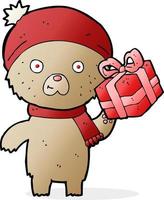 cartone animato Natale orsacchiotto orso con presente vettore