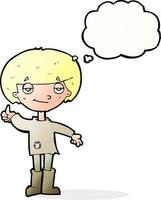 cartone animato ragazzo nel povero capi di abbigliamento dando pollici su simbolo con pensato bolla vettore