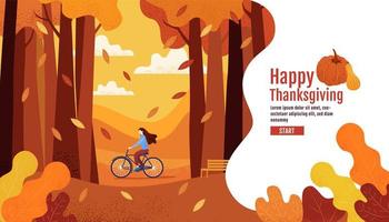 pagina iniziale di ringraziamento felice con la donna in sella alla bicicletta vettore