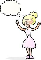 cartone animato donna con sollevato braccia con pensato bolla vettore