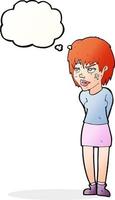 cartone animato donna con gesso su viso con pensato bolla vettore
