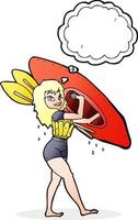 cartone animato donna trasporto canoa con pensato bolla vettore